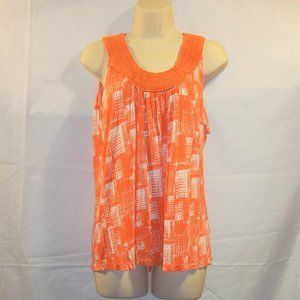 Cha Cha Vente Womens Tank Top Size Medium Crochet Pleated Geometric Orange White